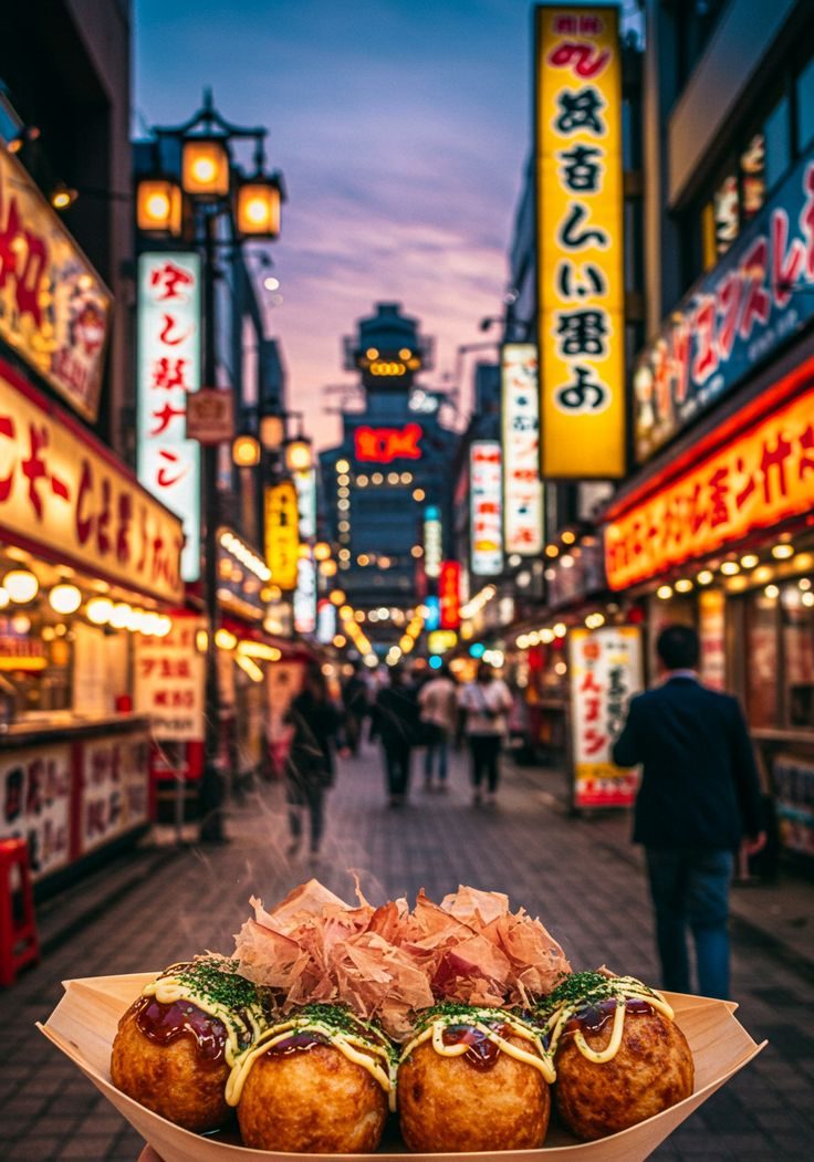 Une barquette de takoyaki dans une rue animée et lumineuse d’Osaka
